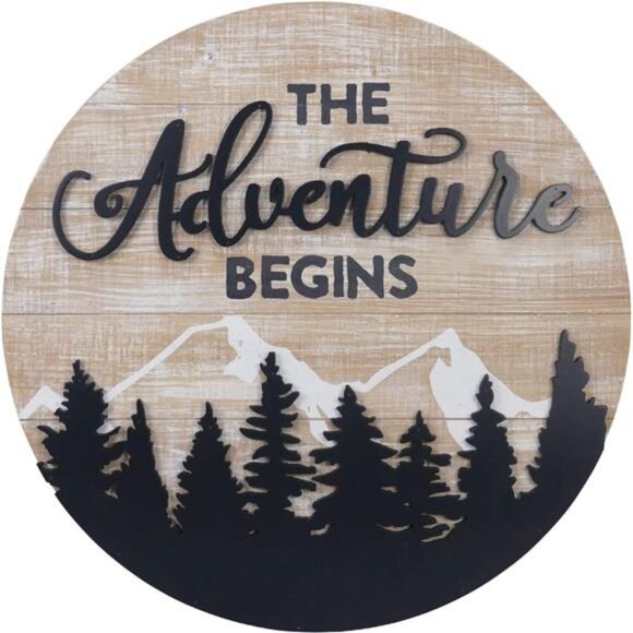 22" The Adventure Begins Vintage Wood Wall Camping Art Sign Cabin Decor
